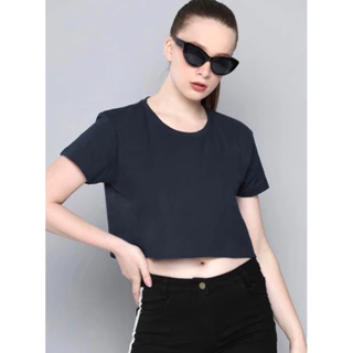 Áo thun croptop, form basic, cổ tròn, thun xanh đen 4 chiều dày dặn