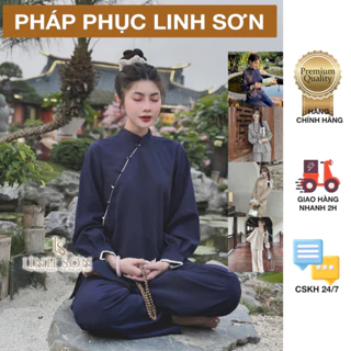 PMB-Đồ lam đi chùa nữ bộ pháp phục tiểu thư,vải đũi cao cấp cúc chéo đi lễ chùa thanh tịnh nhẹ nhàng- Pháp Phục Linh Sơn