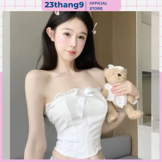 Áo ống cúp ngực , áo ống viền ren đính nơ ôm body dáng ngắn màu trắng màu đen tôn dáng sexy cá tính 23thang9