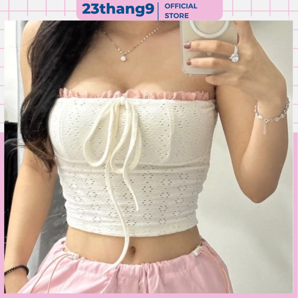 Áo ống cúp ngực , áo tube cúp nơ viền ren phối dây buộc ngực dáng ngắn màu trắng màu đen sexy gợi cảm cá tính M860