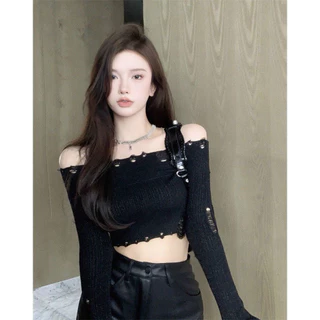 Áo Len Mỏng Kiểu Rách Thân Cá Tính Trễ Vai Dáng Ngắn Croptop Ôm Body Dễ Phối Đồ Hàng Qccc Thời Trang Nữ Xoaishop