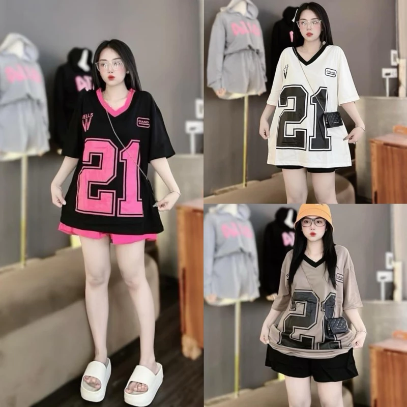 Set bộ đùi chất cotton su form rộng tay lỡ free size dưới 65kg in số 21