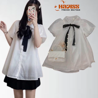 Áo babydoll Haviss cổ sơ mi nữ dáng xoè chất voan cổ bèo viền ren thắt nơ thời trang đi học, công sở thời trang Hàn Quốc