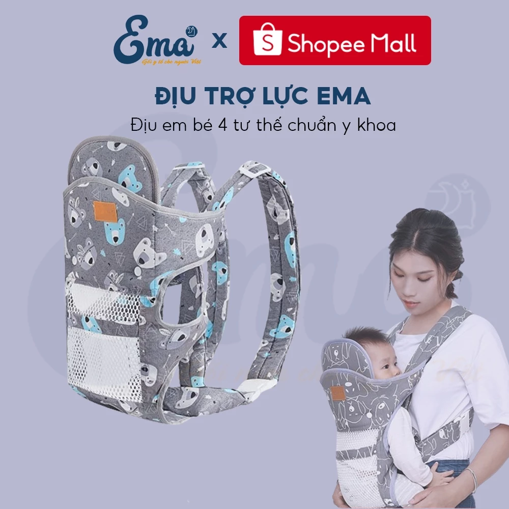 Địu trợ lực EMA cao cấp - Địu em bé trợ lực 4 tư thế, vải lưới thoáng khí, có đệm đỡ cổ