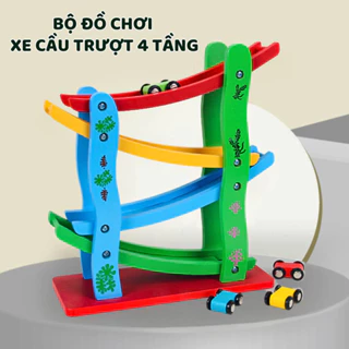 Đồ Chơi Xe Cầu Trượt 4 Tầng Bằng Gỗ Tặng Kèm 4 Ô Tô Cho Bé Yêu Phát Triển Tư Duy Trí Tuệ Toàn Diện