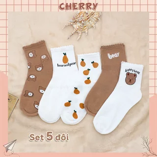 Tất cổ cao nữ họa tiết thêu dễ thương, chất liệu cotton thoáng khí - Cherry Shop