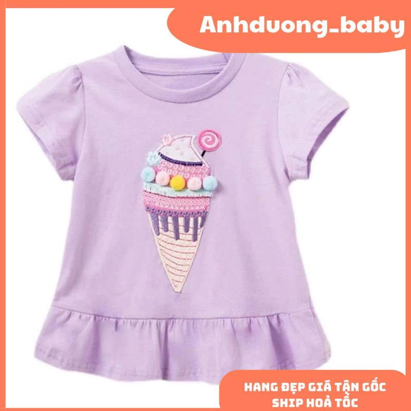 quần áo trẻ em, áo thun hè bé gái, áo cộc côtton đuôi cá thêu cây kem xinh xắn