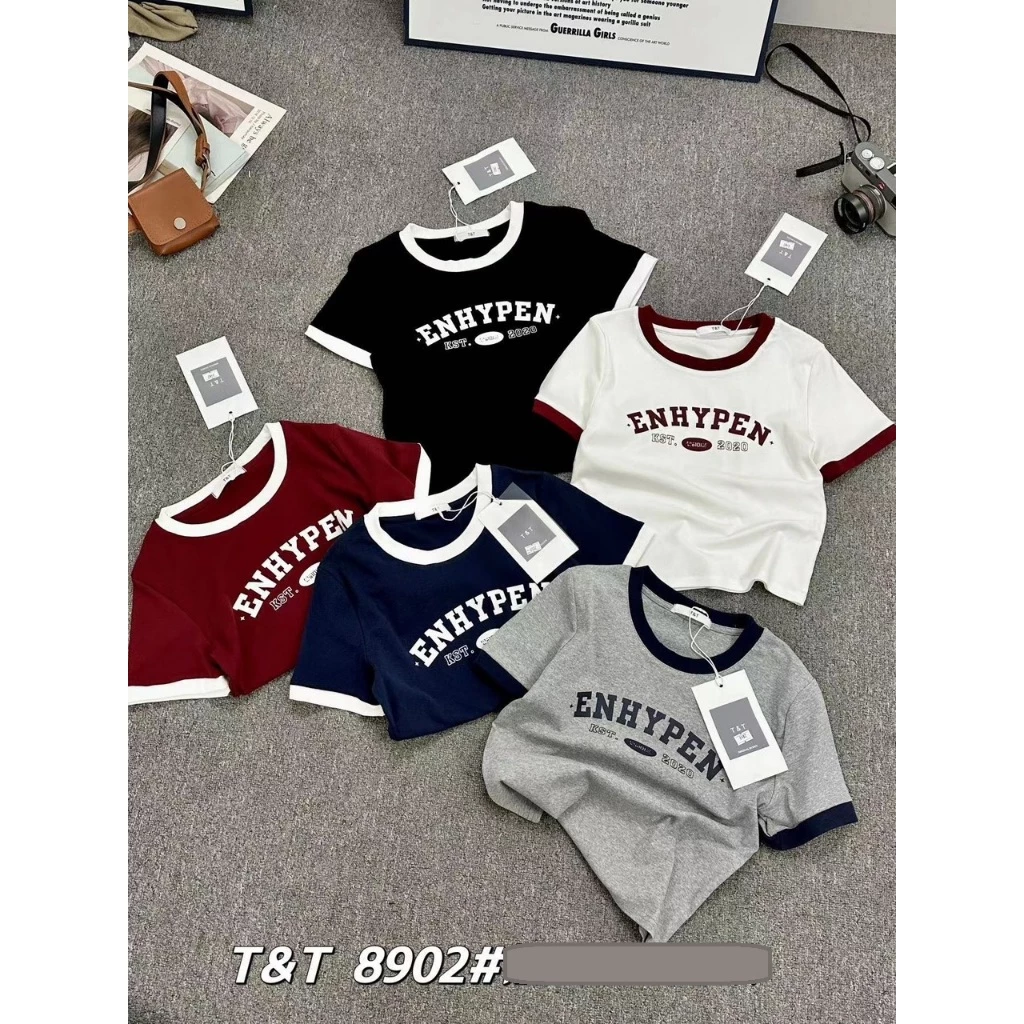 Áo thun croptop nữ tay ngắn cổ tròn pha màu in chữ ENHYPEN hàng Quảng Châu T-T chất cotton, áo phông baby tee hè 8902