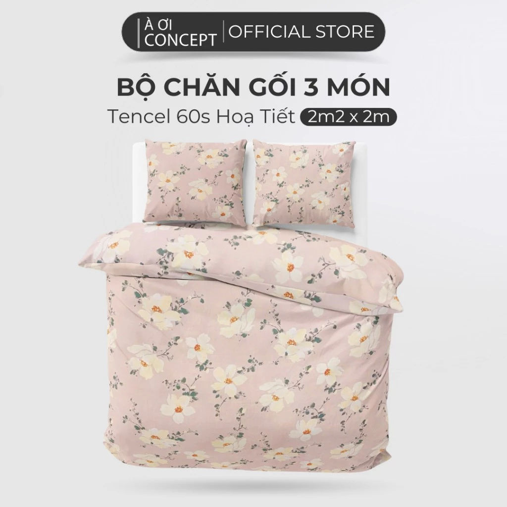 Bộ chăn gối 3 món Lụa Tencel 60s À Ơi Concept cao cấp họa tiết, set 2 vỏ gối, 1 vỏ mền 100% Lyocell 60S