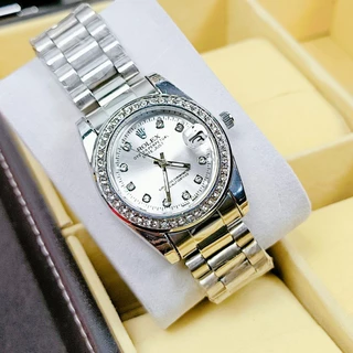 Đồng hồ nữ Rolex cao cấp vỏ dây đúc nguyên khối viền đính kim cương, lịch ngày, sang trọng cực đẹp