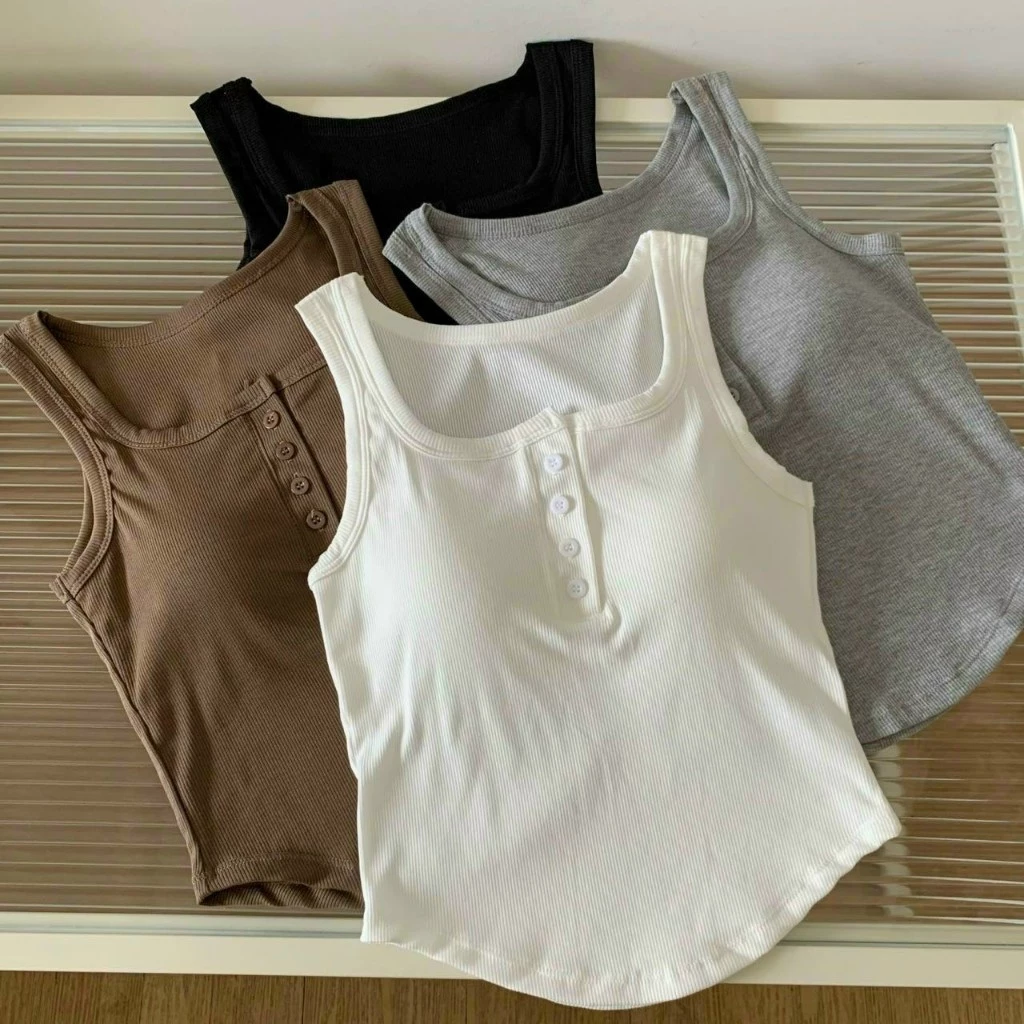 Áo Ba Lỗ Nữ Cotton Tăm Mềm Vạt Tròn Kèm Mút Đệm , Đính Khuy Trước Ngực 3195