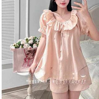 Bộ mặc nhà nữ hè cổ tròn viền bèo tay ngắn bo áo dáng rộng chất thô hàng Quangchou freesize dưới 54kg