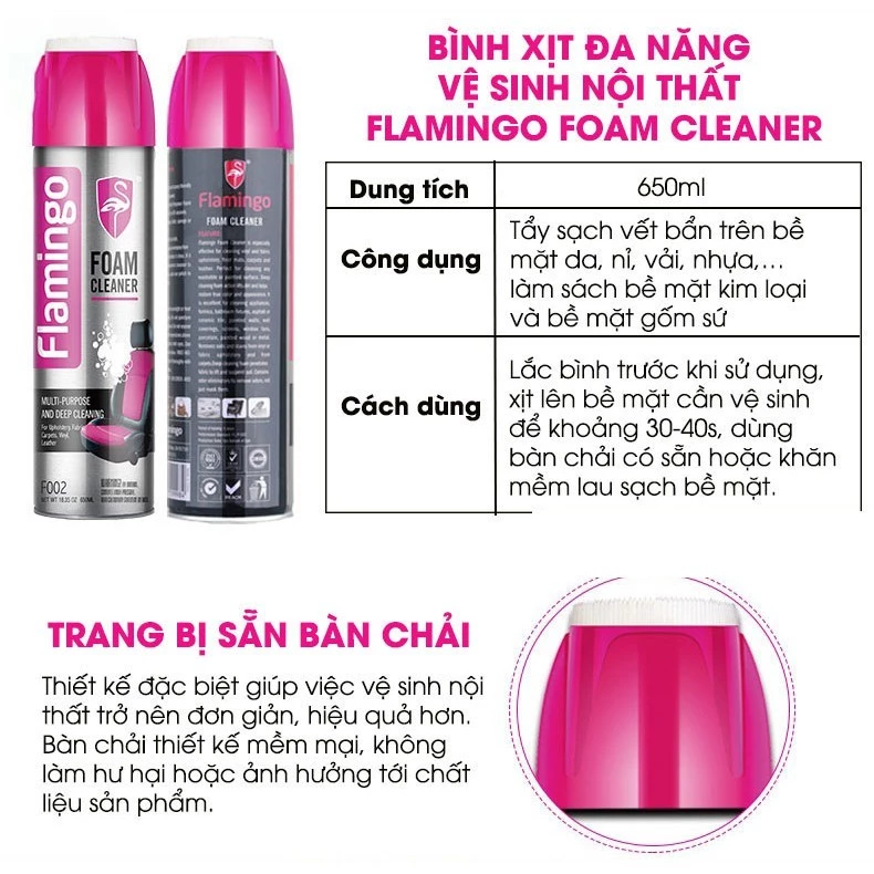 Bình Xịt Bọt Đa Năng Vệ Sinh Nội Thất - Ghế Da Ô Tô và Nội thất gia đình Flamingo F002 650ml
