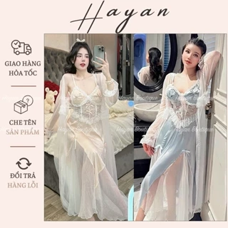 HT420 Set váy ngủ và áo choàng sexy dáng dài phôi ren kèm ĐỆM LÓT tiểu thư sang chảnh HT420 (285+238)