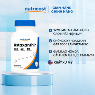 Viên uống Astaxanthin hàm lượng cao 12mg Nutricost (60 viên) đẹp da, chống oxy hóa, giảm lão hóa