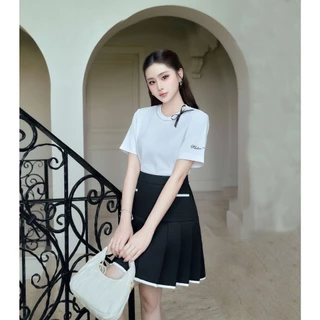 Áo phông 2 màu đen trắng ngắn tay cổ đính đá và nơ Dora top vải thun cotton 2 chiều mát mềm phong cách basic năng động