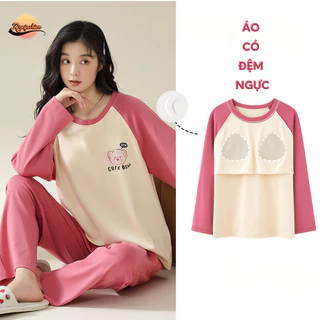 Bộ đồ mặc nhà có đệm ngực cho nữ quần áo mặc ngủ chất liệu cotton 100% siêu mềm size từ 40-85kg RanFashion