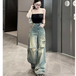 [TCshopjeans Bigsize 58-90kg] Quần Jeans Ống Suông Rách Gối Lưng Cao VNXk Ms 219