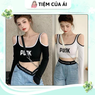 🌱 Áo croptop kiểu khoét vai tay dài in chữ cá tính 🌱