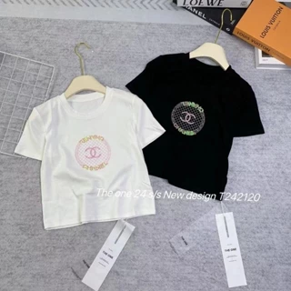 Áo thun croptop nữ tay ngắn cổ tròn thêu tròn cườm chữ X cha hồng hàng Quảng Châu chất cotton, áo phông baby tee 242120