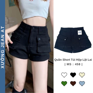 Quần Short Kaki Jean Lật Lai Phối Túi Hộp 2 Bên, Quần Short Nữ Lưng Cao Co Dãn Phong Cách Trẻ Trung Năng Động 458