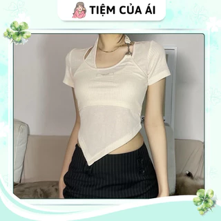 ❤︎︎ Áo croptop vạt chéo tay ngắn phối xích giả hai lớp ❤︎︎