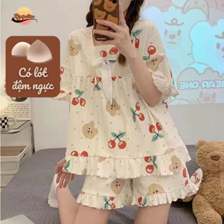 Bộ đồ mặc nhà nữ áo tay lỡ có đệm ngực xinh Ranfashion bộ đồ ngủ cute phong cách Hàn Quốc