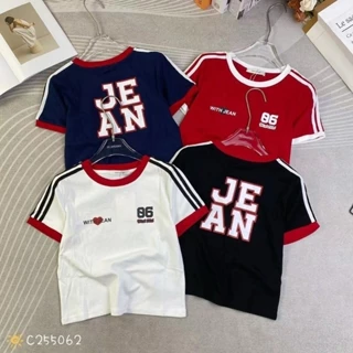 Áo thun croptop nữ tay ngắn cổ tròn pha màu sọc in chữ só 86 hàng Quảng Châu chất cotton, áo phông baby tee hè 255062