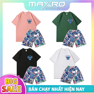 Set Bộ Hoạt Hình Áo Thun Stitch Xanh Tay Lỡ Phối Quần Đùi Cartoon Dáng Rộng Unisex