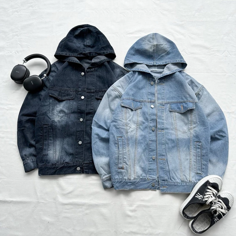 Áo Khoác Denim Jacket SANDRO form rộng có nón nam nữ Unisex màu XÁM/XANH 🖤 Áo khoác bò Jaystoree 🖤
