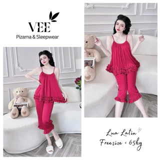 Đồ ngủ nữ VEE đồ bộ lụa pyjama mặc nhà áo 2 dây quần lửng chất lụa latin cao cấp thoáng mát.