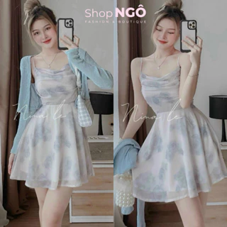 Set đầm thời trang nữ, set đầm voan hoa cổ đổ kèm áo khoác ngoài màu siêu ngọt cực dễ thương cho các nàng đi chơi, cafe