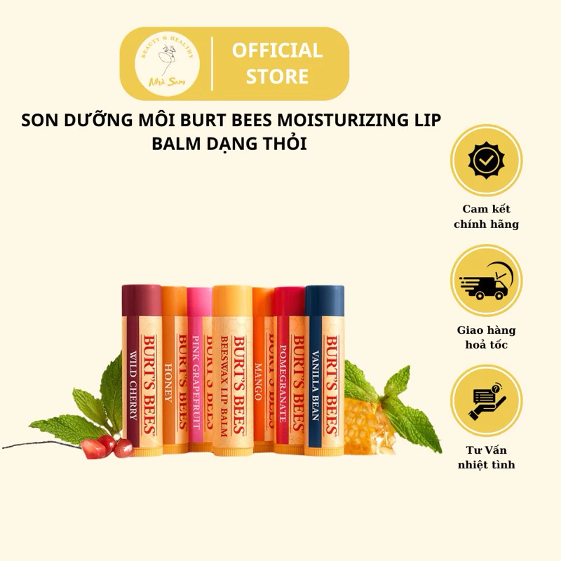 Son Dưỡng Môi Burt Bees Moisturizing Lip Balm dưỡng môi, son dưỡng không màu Burt Bee - Đủ Mùi chính hãng Mỹ