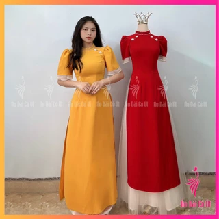 Áo dài truyền thống nữ vải lụa mỹ cổ xếp ly tay bồng cánh tiên đính ngọc và hoa hàng may sẵn