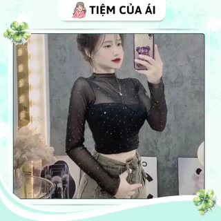 Áo lưới đính đá tay dài kèm áo bra bên trong form croptop