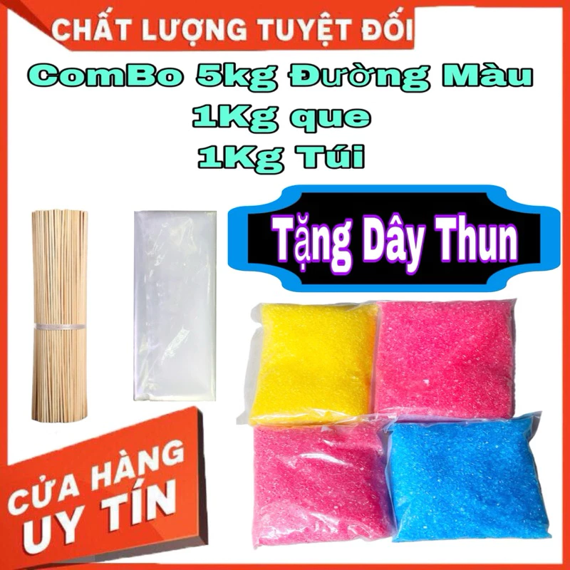 ComBo 5kg đường màu-1kg que-1kg túi đựng làm kẹo bông gòn.( Tặng dây thun)