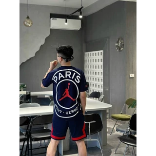 Bộ Đồ Nam Cộc Tay Mặc Hè- JD In Chữ Paris Ngực Phối Logo PSG Tròn Loang Jumpman Sau Lưng Basic Cho Anh em Đi biển chất