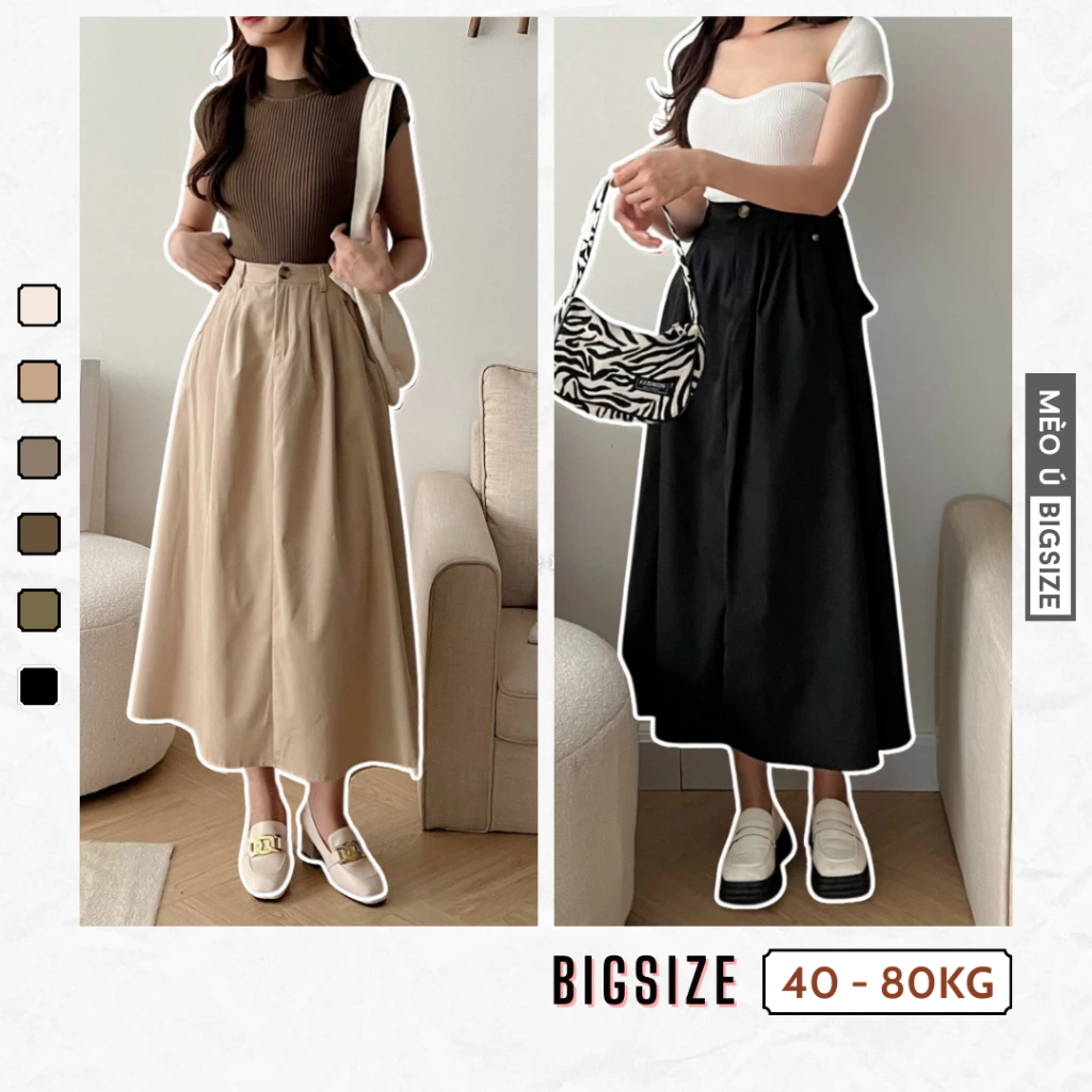 Chân váy nữ BIGSIZE chân váy kaki trơn dáng dài vintage có chun sau 587
