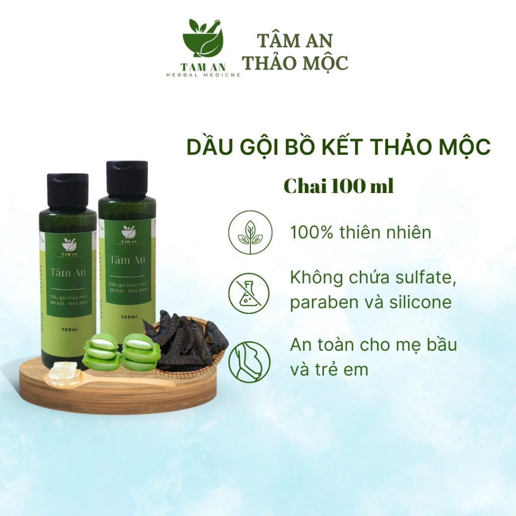 Dầu gội bồ kết thảo mộc TÂM AN dưỡng tóc mềm mượt, sạch gàu, kích thích mọc tóc giảm gãy rụng chai 100ml