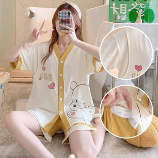 bộ pijama cho mẹ bầu kết hợp sau sinh họa tiết cute thiết kế miệng cho con tuti 40-95kg