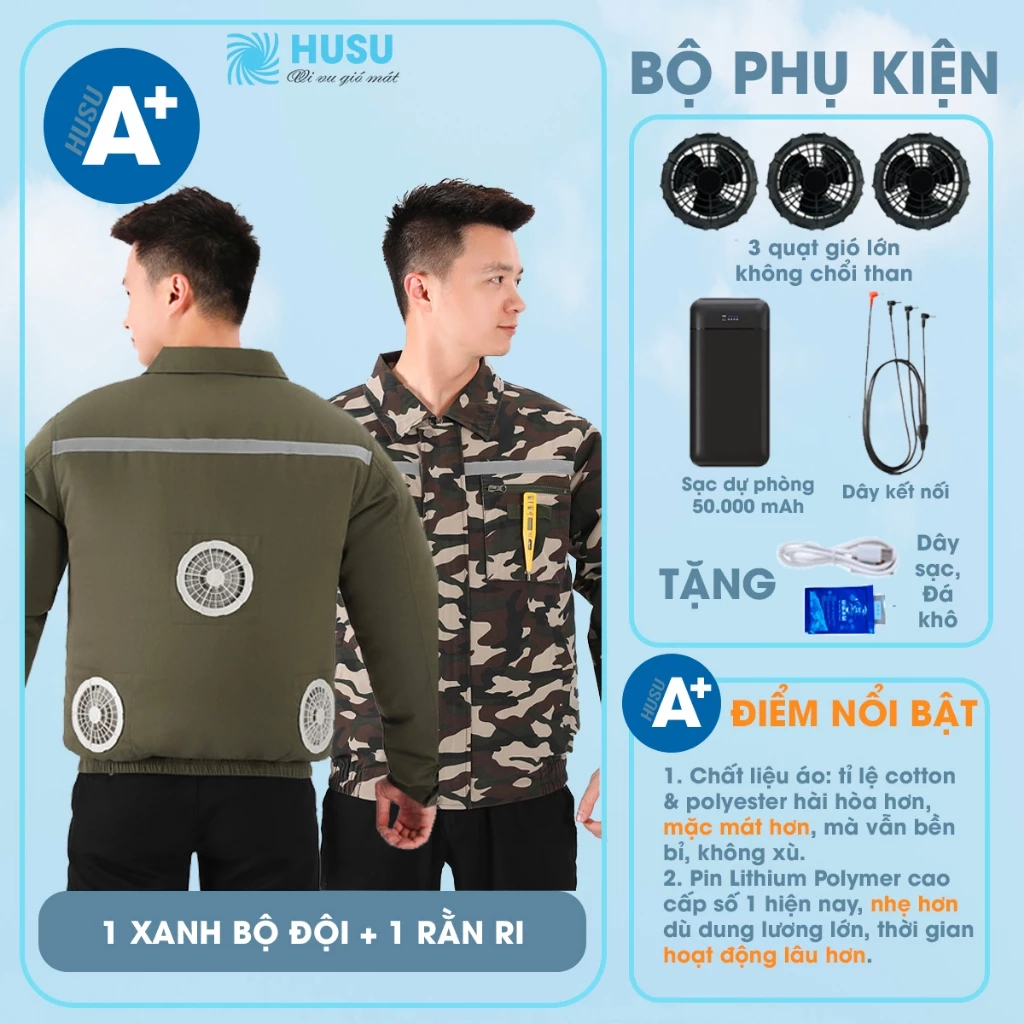 Áo điều hòa, áo gắn quạt (3 quạt không chổi than) loại A+ cao cấp làm mát chuyên dụng cho người đi làm - HUSU