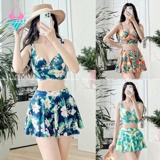 Đồ bơi nữ bikini áo hai dây kết hợp chân váy mút nâng ngực có gọng đồ đi biển bikini kín đáo