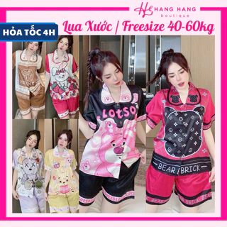 Bộ đồ ngủ cỡ nhỏ 40-60kg, đồ bộ nữ pijama đùi cộc tay ngắn lụa xước, đồ ngủ lụa mặc nhà thiết kế cute gấu dâu dễ thương