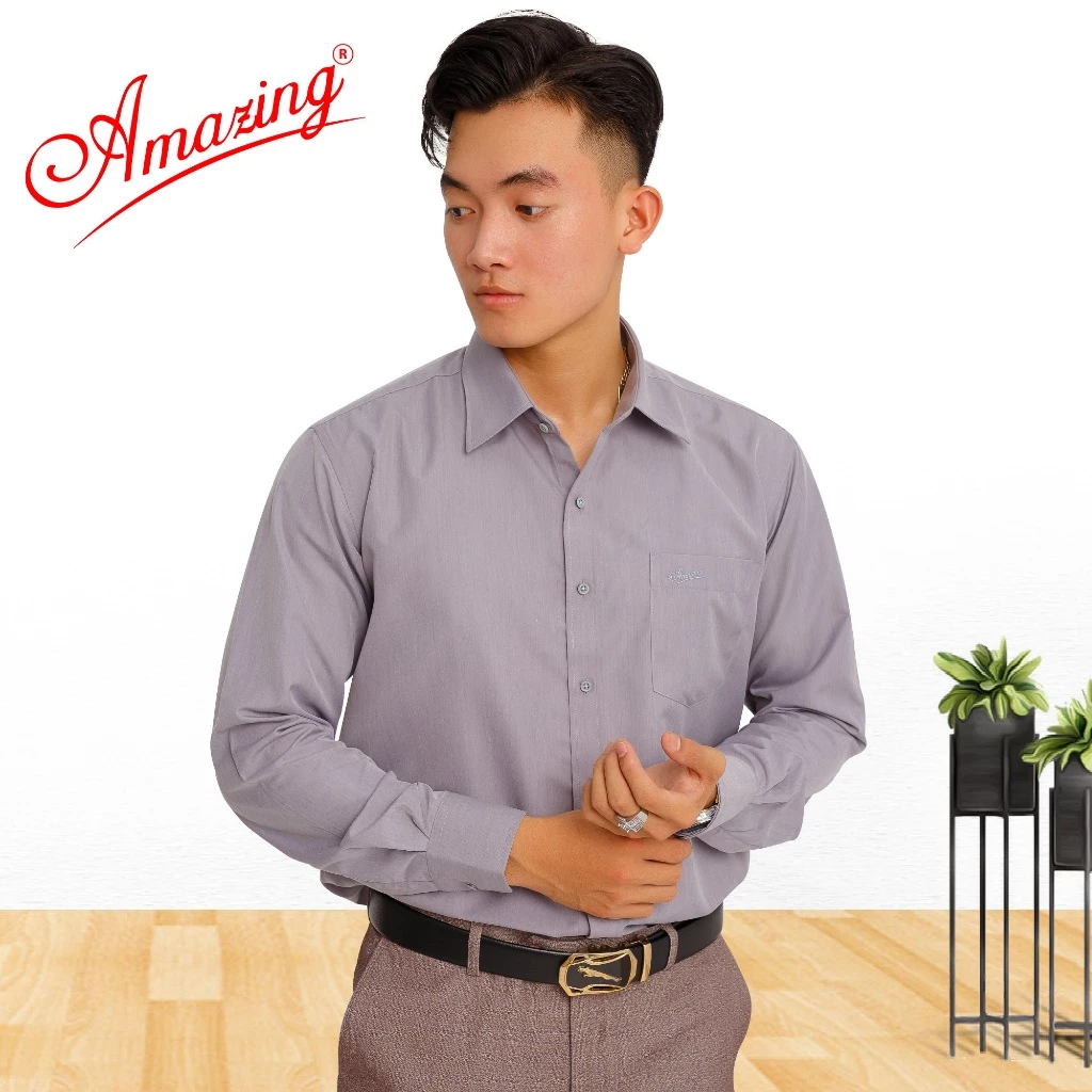 Áo sơ mi nam màu trơn, chuẩn form công sở, size đại tới 100kg, đuôi tôm, tay dài, Amazing