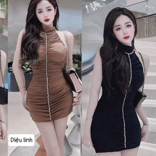 Đầm body ngắn kết dây đá 2 lớp co giãn sẵn đệm ngực