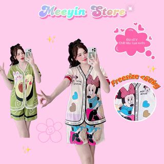 Bộ ngủ nữ Pijama dáng tay cộc quần đùi hoạ tiết siêu hot chất lụa xước ánh kim cao cấp freesize <60kg