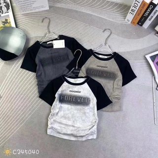 Áo thun croptop nữ tay ngắn cổ tròn chữ FOREVER nhún ríu eo hàng Quảng Châu chất cotton, áo phông baby tee hè 245040