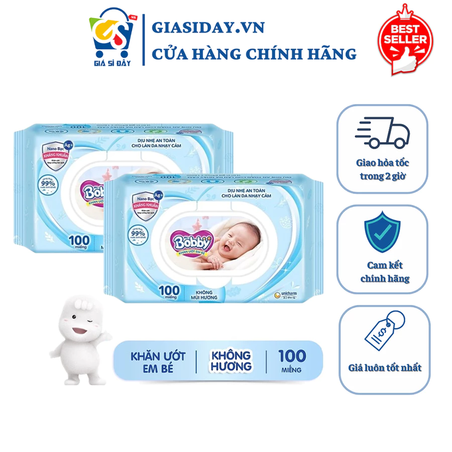 4 Gói Khăn Ướt Bobby Không Mùi Hương (100 miếng / gói)