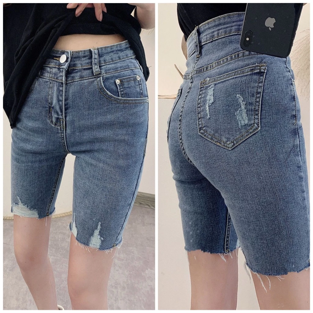 Quần Jeans Ngố BigSize Dáng Lửng Ngang Gối Phom Ôm Lưng Cao Co Dãn Mạnh Màu Xanh Đậm Rách 3850 MLJ