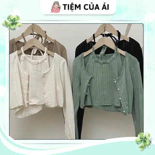 Set áo yếm cột cổ và áo khoác tay dài len gân croptop